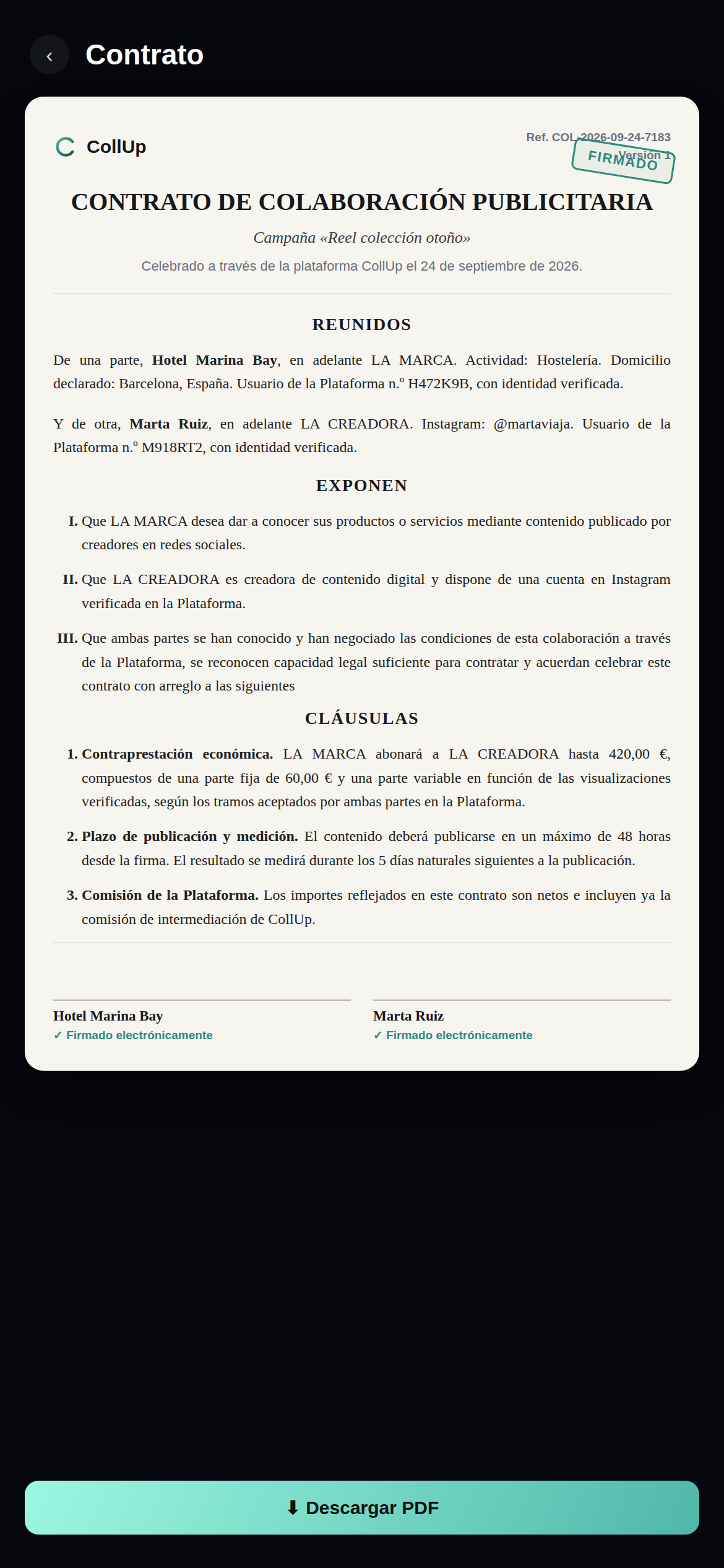 Contrato de colaboración firmado entre Marta y el negocio en CollUp