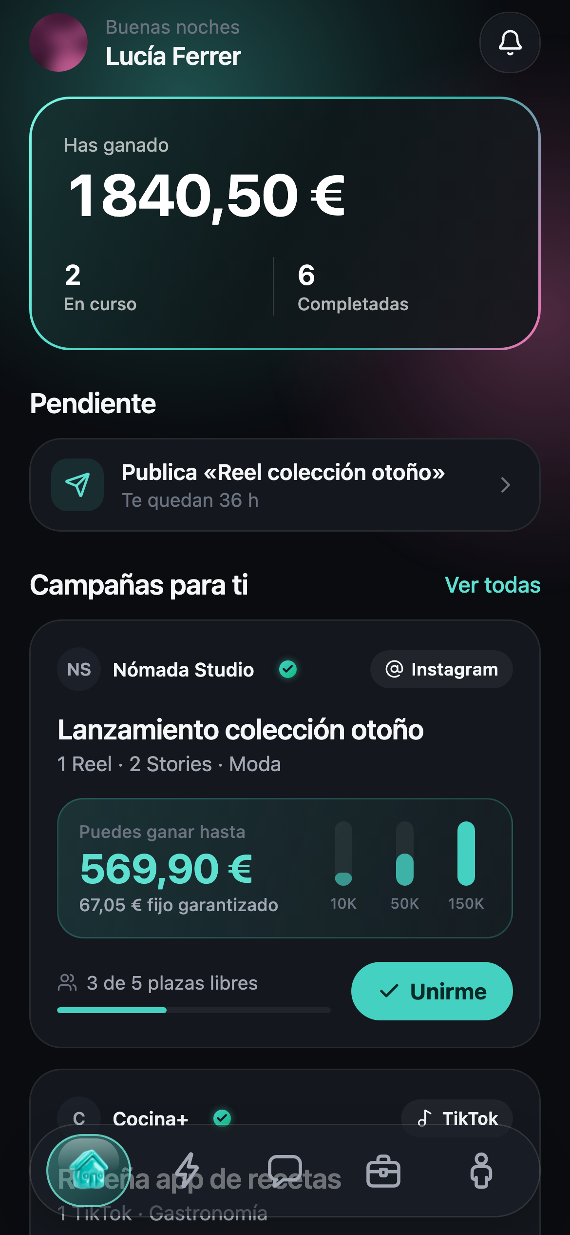 Panel de creador en la app de CollUp